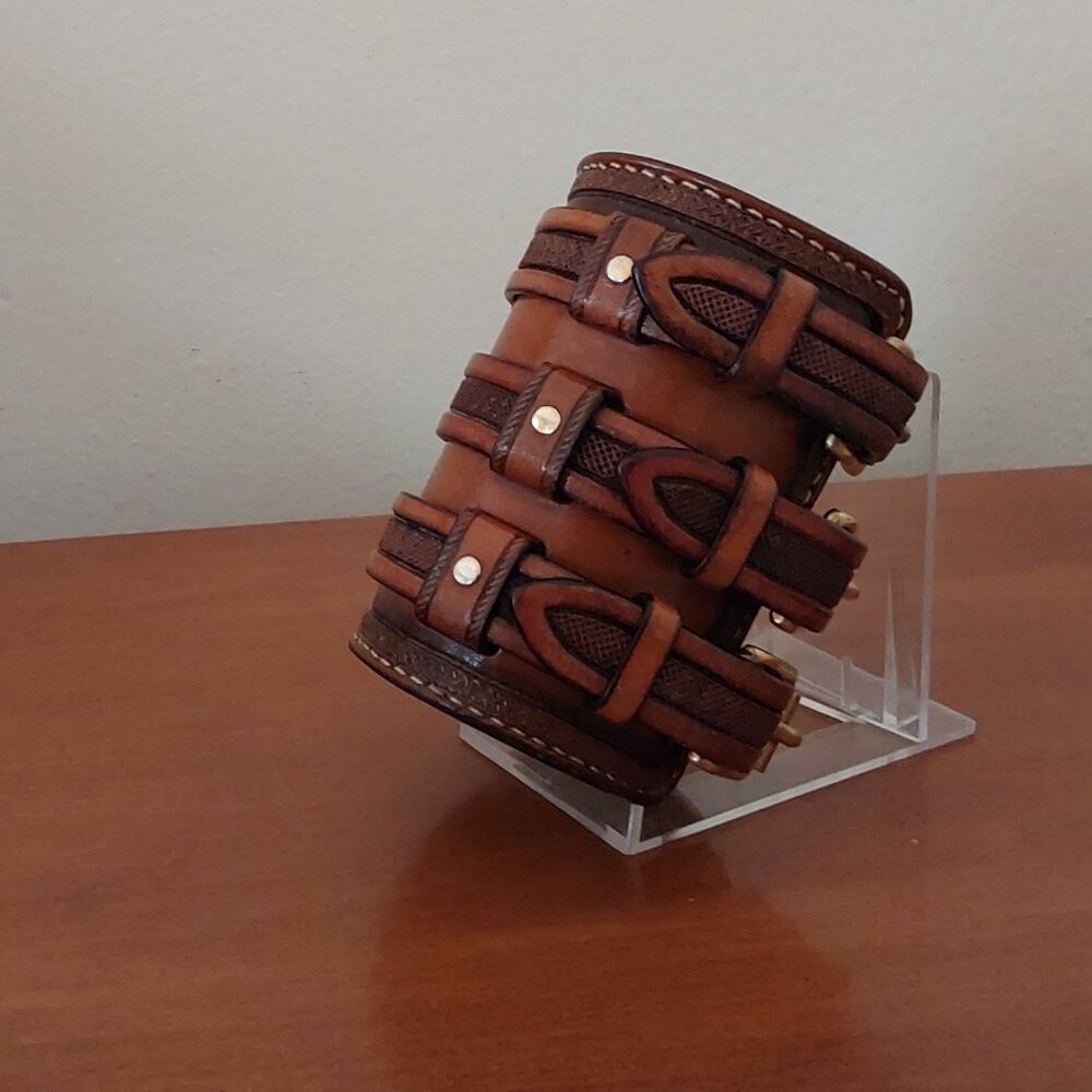 Hand tooled Wide Leather Cuff Bracelet with Triple Straps - Picture 11 of 12